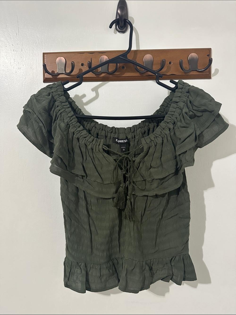 Express Dark Olive Off-The-Shoulder Ruffle Tie Blouse